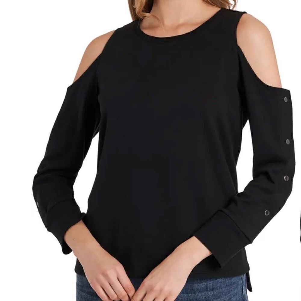 Vince Camuto Cold Shoulder Sweatshirt Top Crewneck Long Sleeve Black Women Large